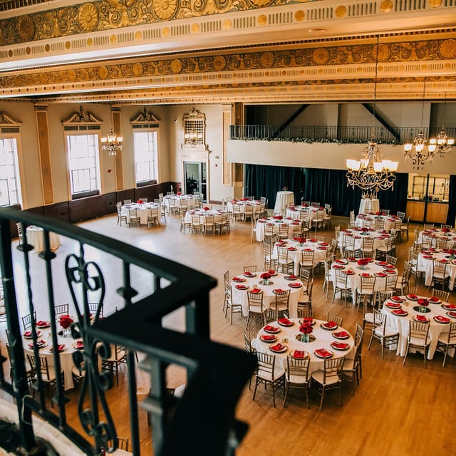 Historic Ballroom at Elks Tower with elegant round tables, perfect for weddings and events.