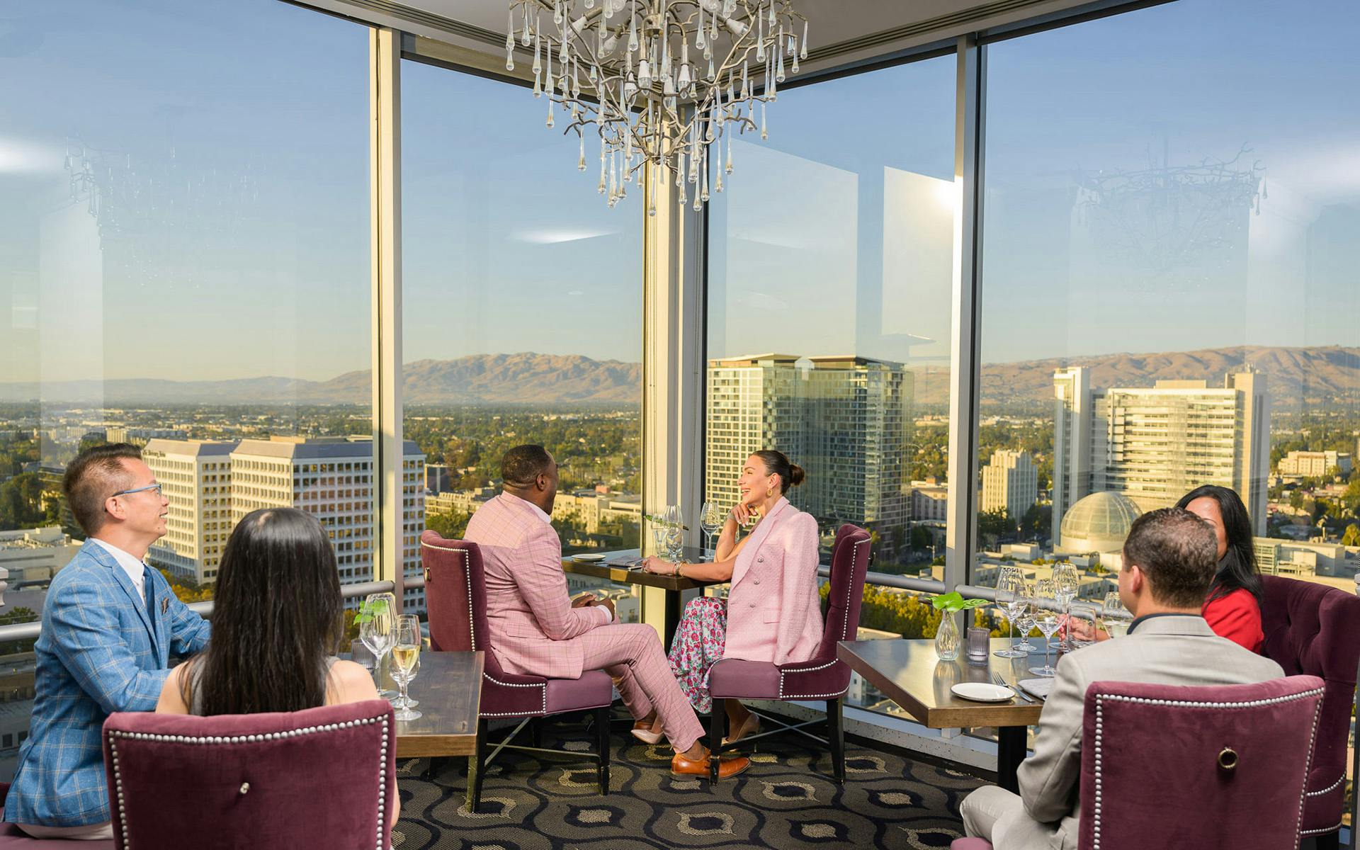 Sophisticated event lounge with panoramic views for corporate gatherings in Bay City.