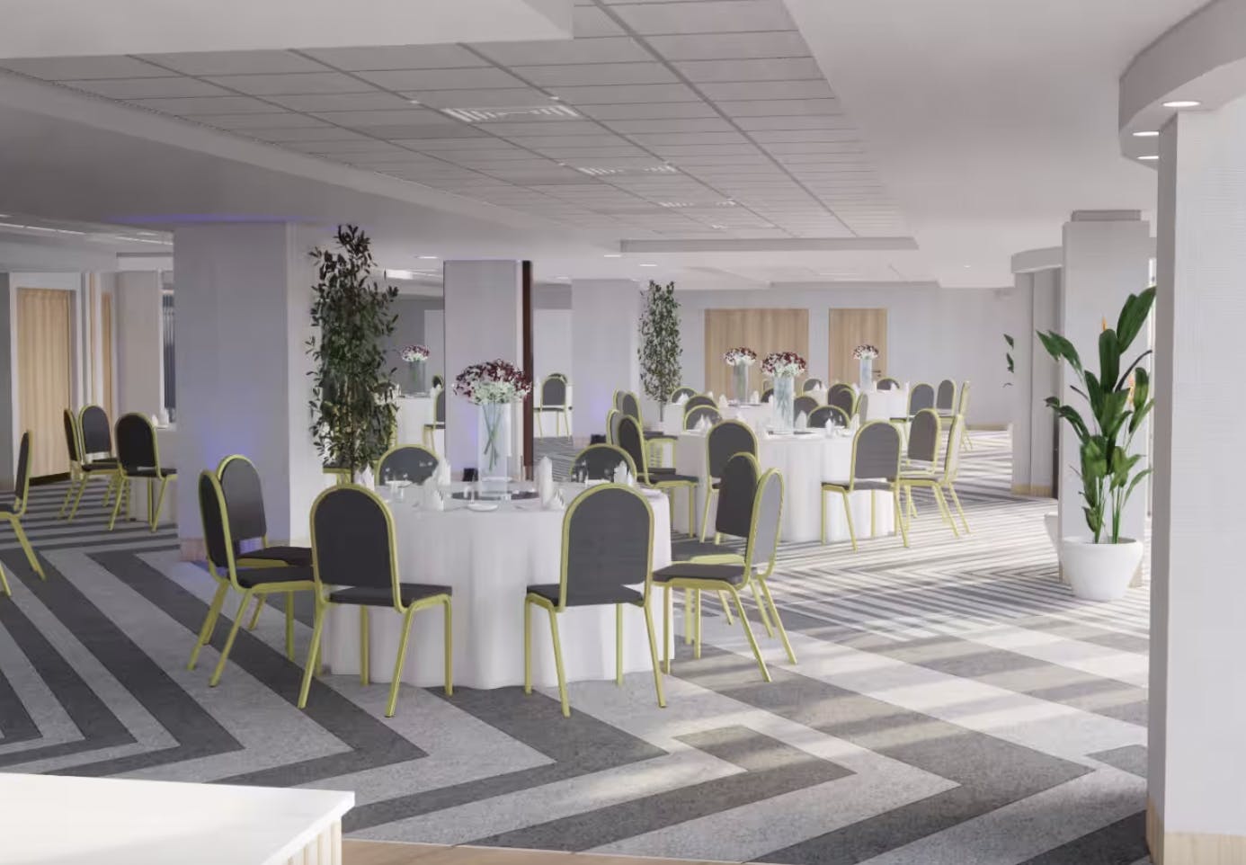 Modern Piccadilly Suite at Manchester Marriott, ideal for events with elegant round tables.