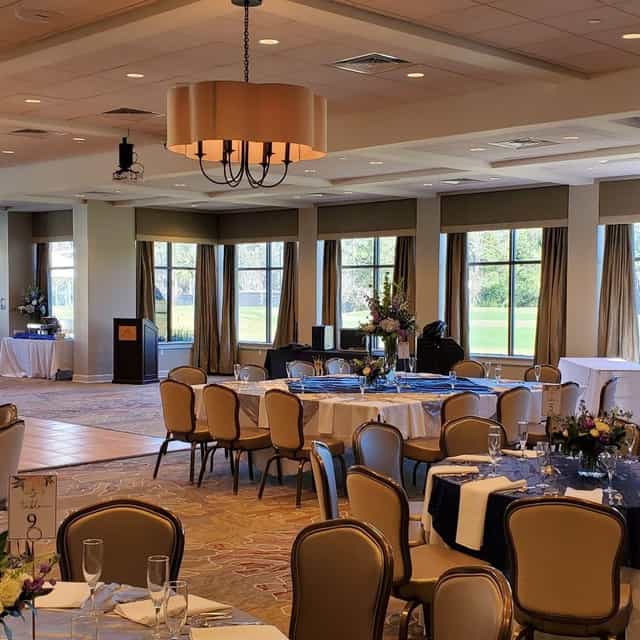 Elegant wedding venue in San Jose with blue and white linens, perfect for events.