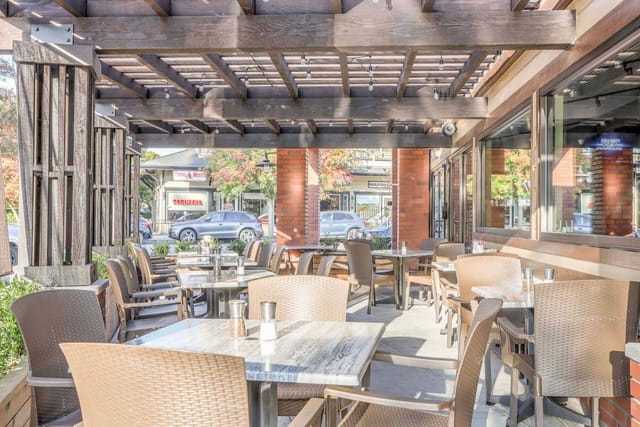 Outdoor dining area at SideTrack Bar + Grill, perfect for casual meetings and events.