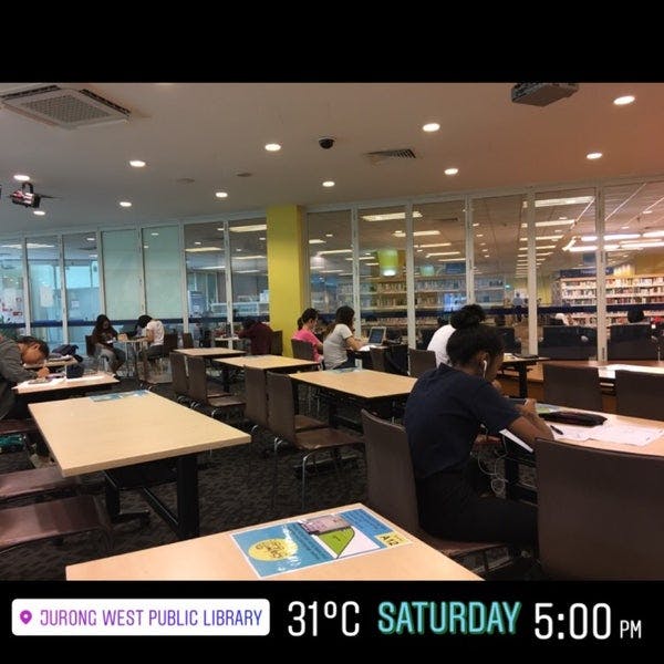 Study tables in Jurong West Public Library, ideal for workshops and group study.