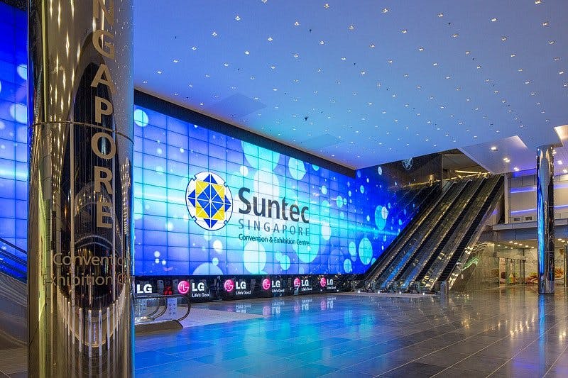 Suntec City Convention Centre entrance with digital display, ideal for conferences and exhibitions.