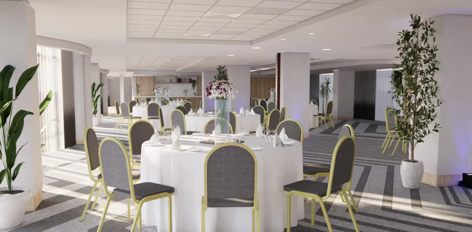 Piccadilly Suite at Manchester Marriott, elegant event space with round tables for gatherings. - Banner