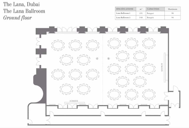 Lana Ballroom floor plan with spacious layout for events, ideal for conferences and banquets.