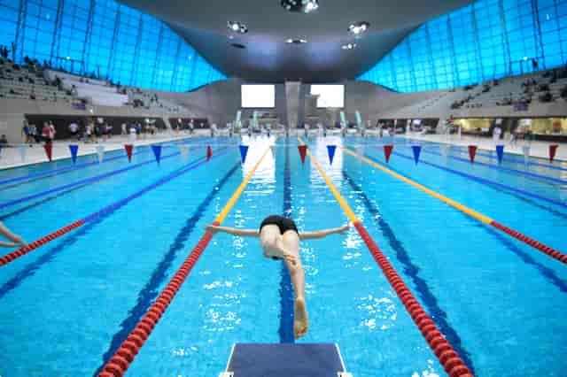 Olympic Pool at London Aquatics Centre, modern venue for competitive swimming events.