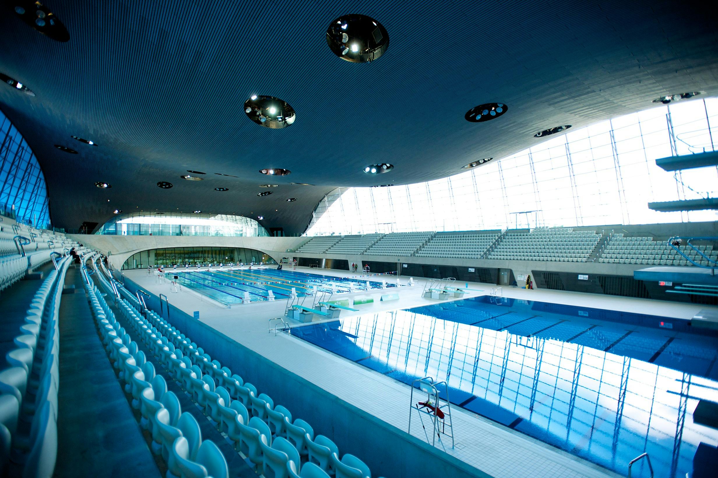 Olympic Pool at London Aquatics Centre, modern venue for swimming championships and events.