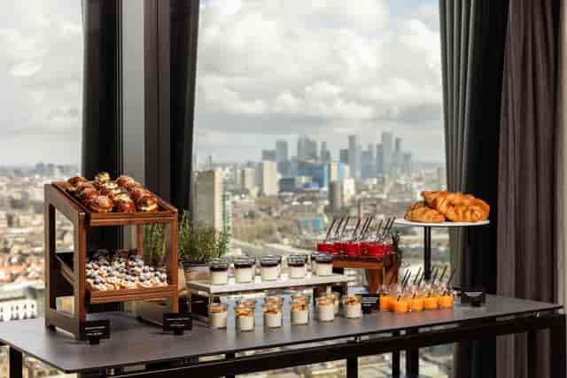 Corporate breakfast buffet, London skyline, networking event