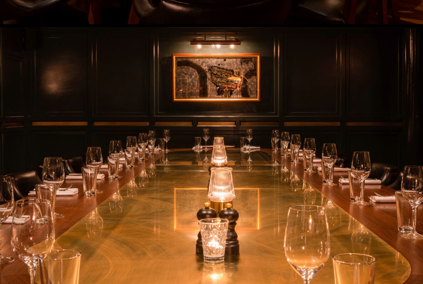 Private dining room at Hawksmoor Wood Wharf with elegant table setup for corporate events.