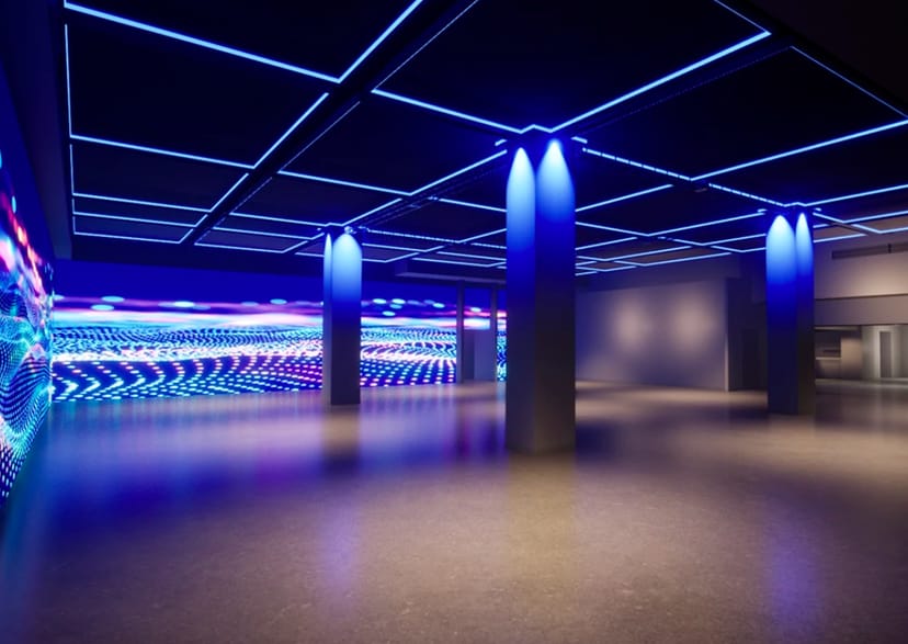Modern event space in Lavan 641 NYC with blue lighting, ideal for conferences and showcases.