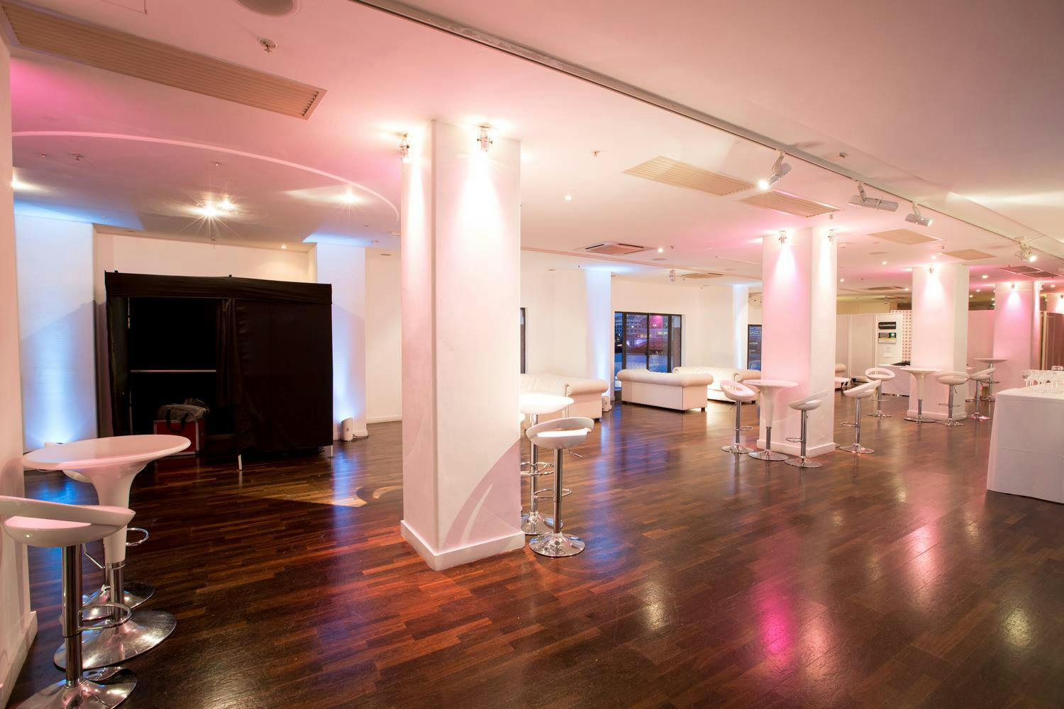 Modern event space in OXO2 with polished floors, ideal for corporate meetings and receptions.