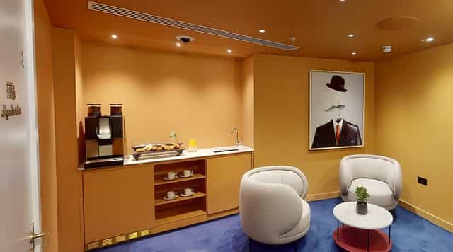 Creative Room 5 at art'otel London: inviting break area with coffee station for events.
