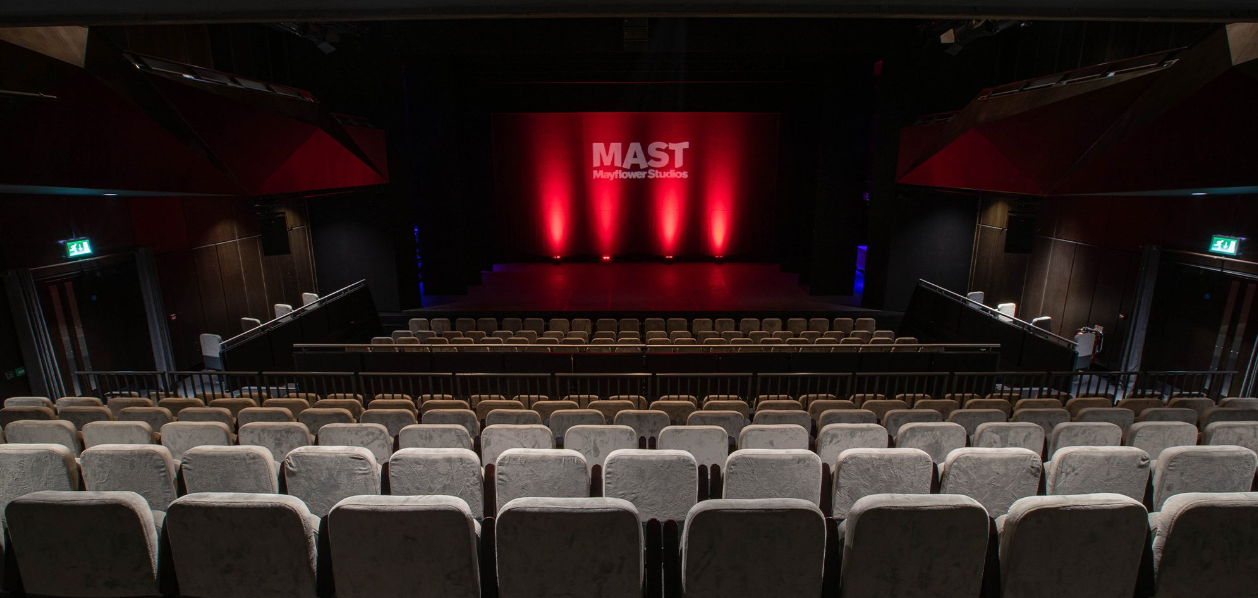 Studio 1 at Mayflower Theatre with tiered seating for professional events and performances. - Banner