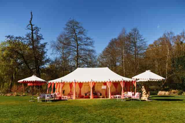 Coral marquee tent at Leeds Castle, ideal for luxury garden party or wedding event venue.