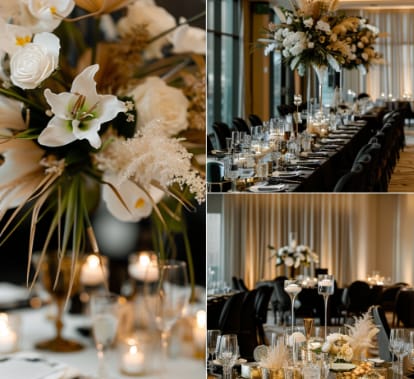 Elegant event space with floral centerpieces for upscale gatherings at Oasis Party venue.