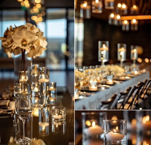 Elegant event space with white orchid centerpiece for upscale corporate events or galas.
