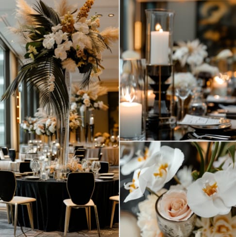 Elegant event space with floral arrangements for upscale gatherings and corporate events.