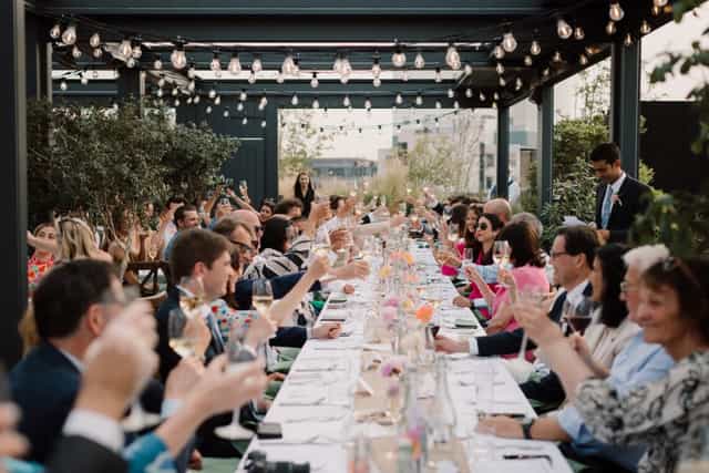 Rooftop gala dinner, elegant terrace, corporate events