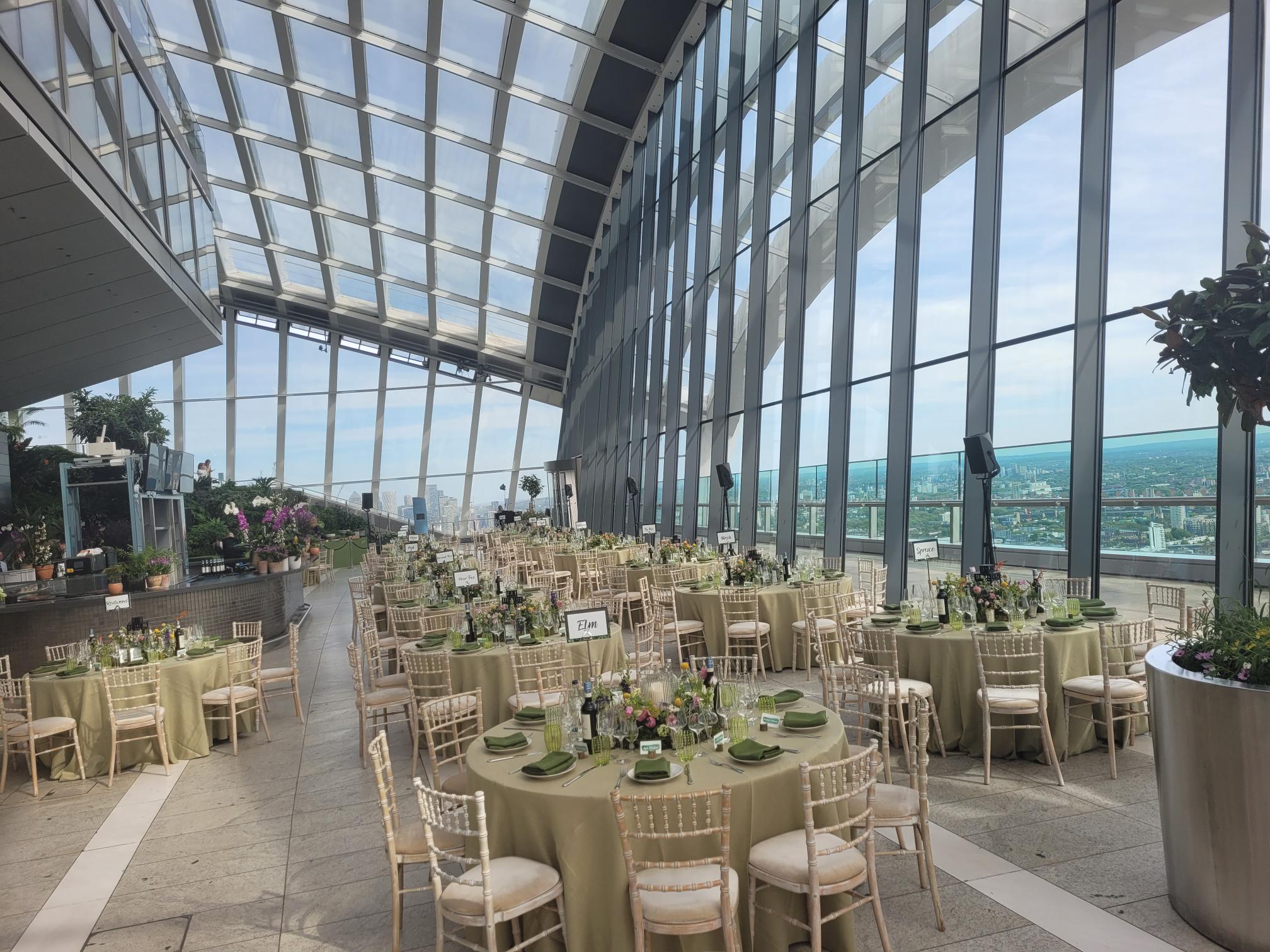Exclusive hire Sky Garden London with elegant tables and panoramic views for upscale events. - Banner