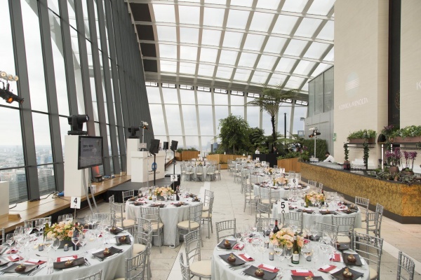 City Garden in Sky Garden London: modern event space with elegant dining tables for corporate events. - Banner