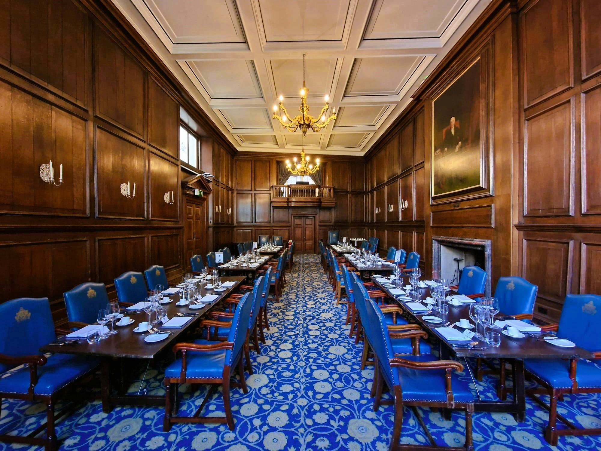 Elegant dining setup in The Great Hall, Innholders' Hall for corporate events.