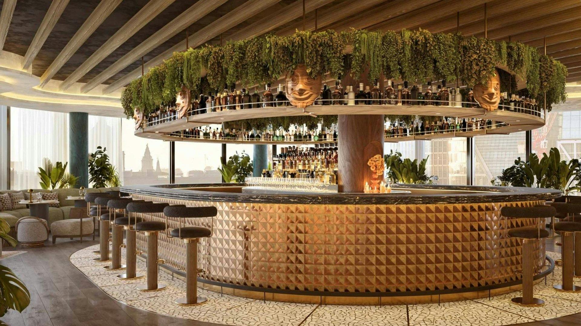 Outdoor rooftop terrace bar in Los Mochis with circular design for events and receptions.