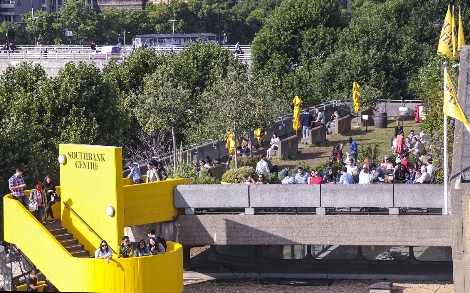 Queen Elizabeth Hall Roof Garden, vibrant outdoor event space with lush greenery, Southbank Centre.