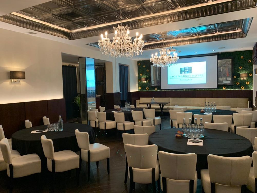 Event Space in Lace Market Hotel with elegant chandeliers for corporate workshops and conferences. - Banner