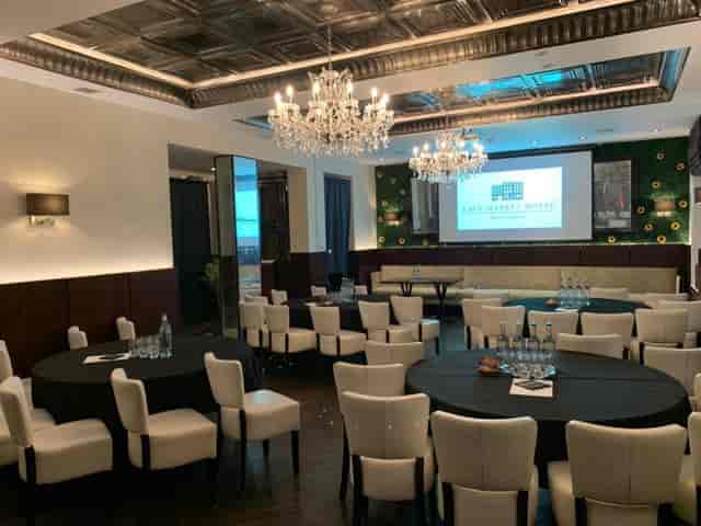 Event Space in Lace Market Hotel with elegant chandeliers for corporate workshops and conferences.