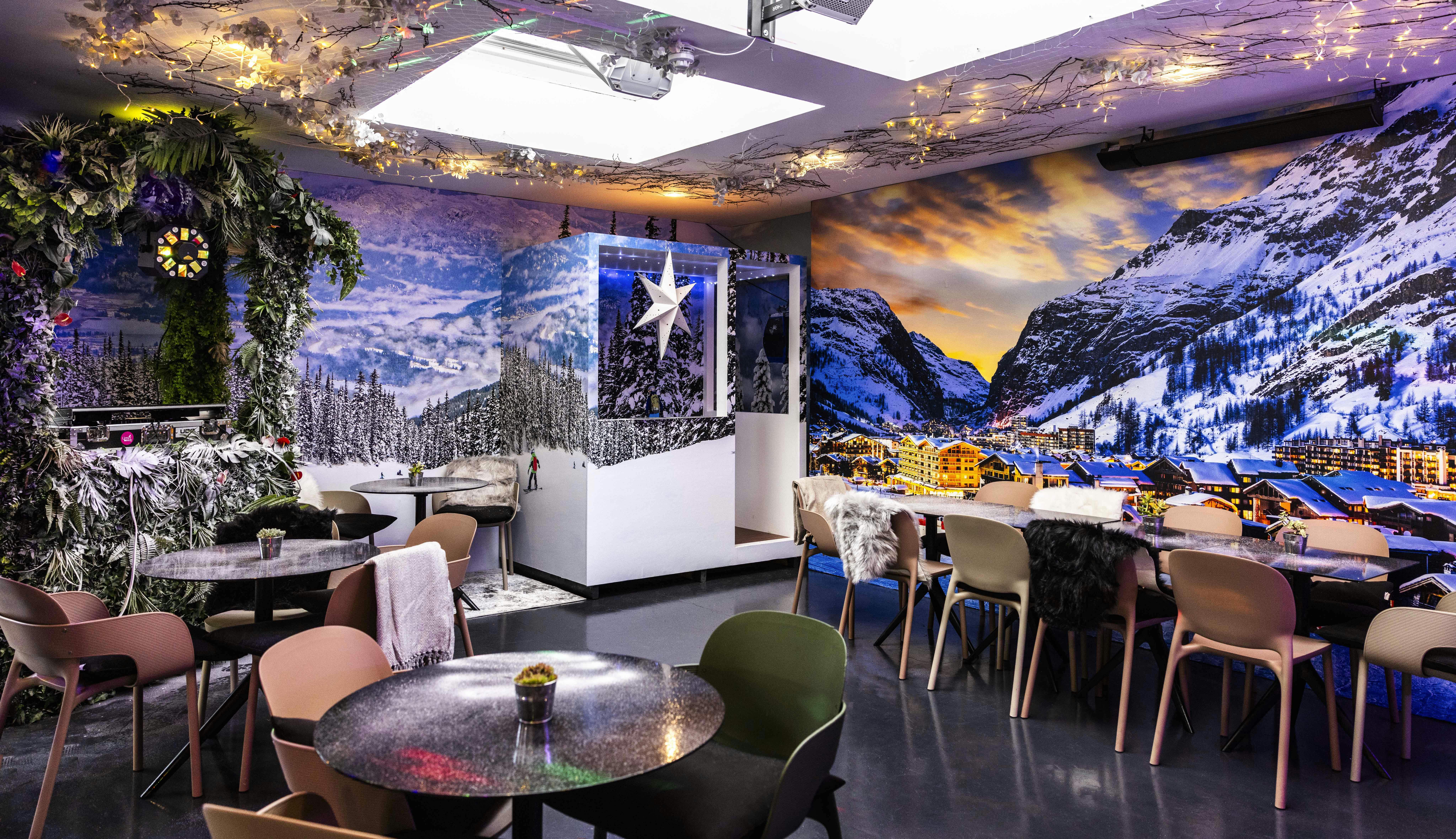 L'Shamonix winter event space with snowy backdrop, perfect for holiday parties and corporate events.