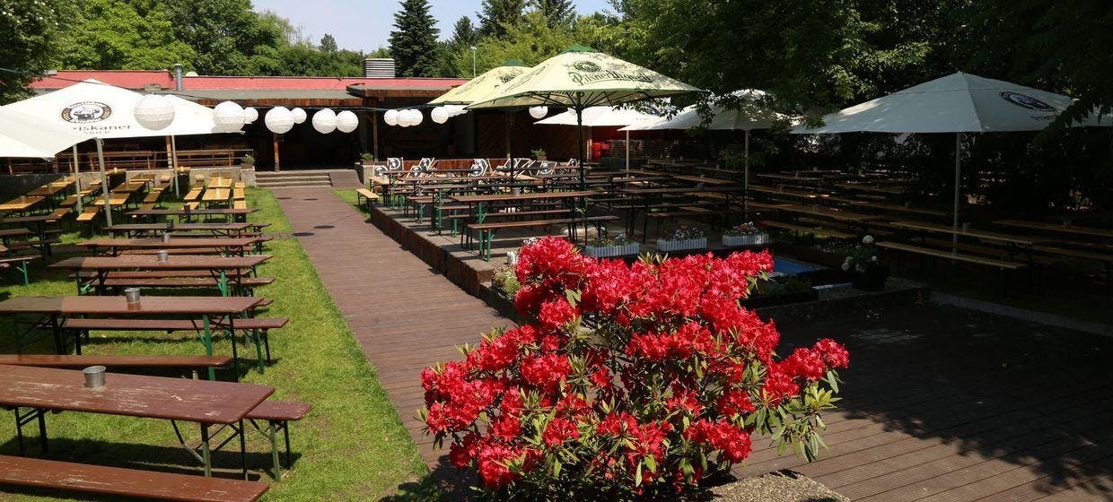 Outdoor event space with wooden benches, ideal for gatherings and celebrations.