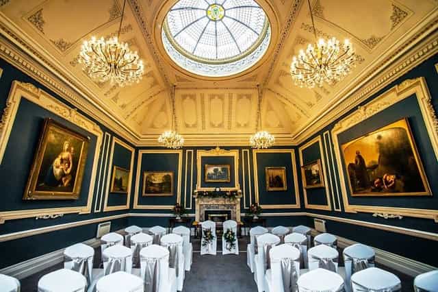 Elegant Hibernian Room with skylight, ideal for corporate events and gatherings.