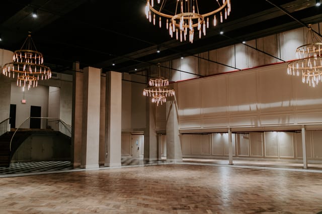 Elegant ballroom with chandeliers, ideal for corporate events and social gatherings.
