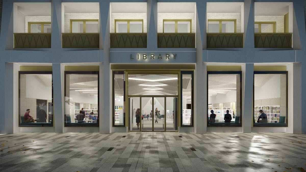 Modern library facade with large glass windows, ideal for community events and workshops.