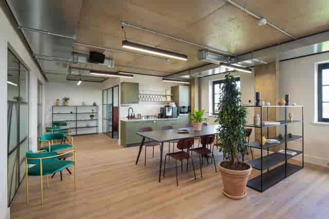 Modern private office space with natural light for meetings and brainstorming at Riley Studios.