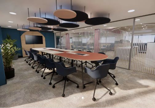 Modern conference room with glass partitions for collaborative meetings at Wizu Workspace.