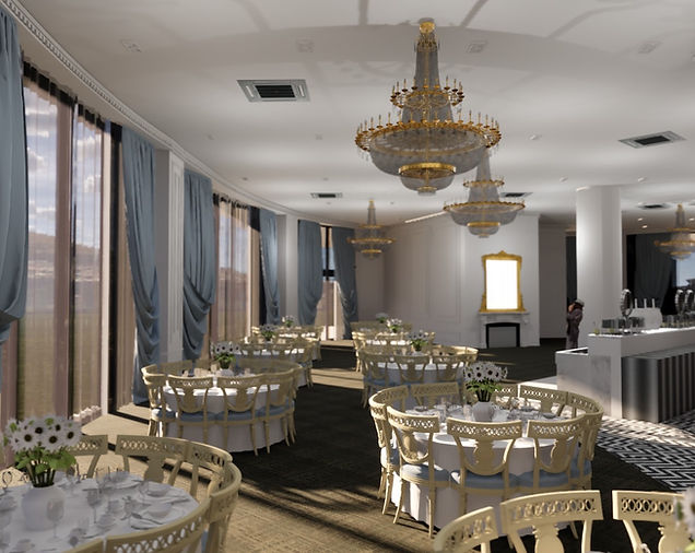 Elegant Chandelier Ballroom with floral centerpieces, perfect for weddings and events.