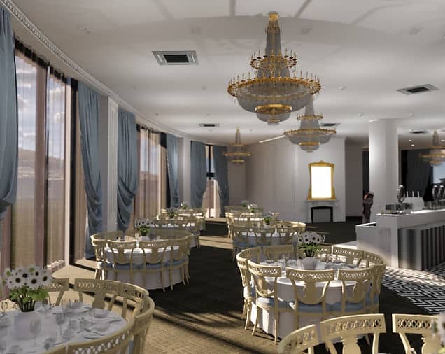 Elegant Chandelier Ballroom with floral centerpieces, perfect for weddings and events.
