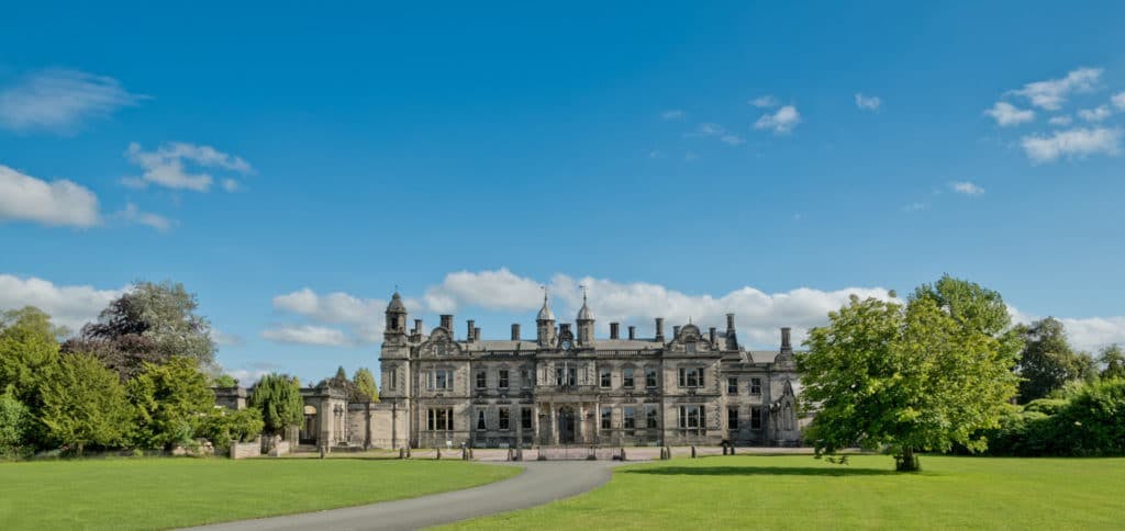 Temple Garden at Sandon Hall, historic mansion with lush greenery, perfect for weddings and events.