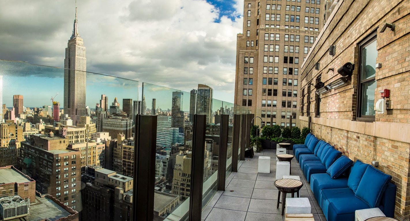 Rooftop Terrace at The Skylark with skyline views, perfect for cocktail receptions.