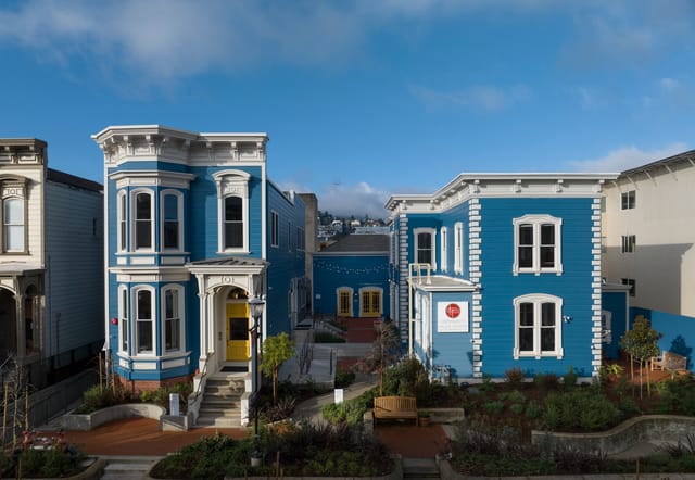 "CMC Piano Lab in San Francisco, vibrant blue venue for events and workshops."