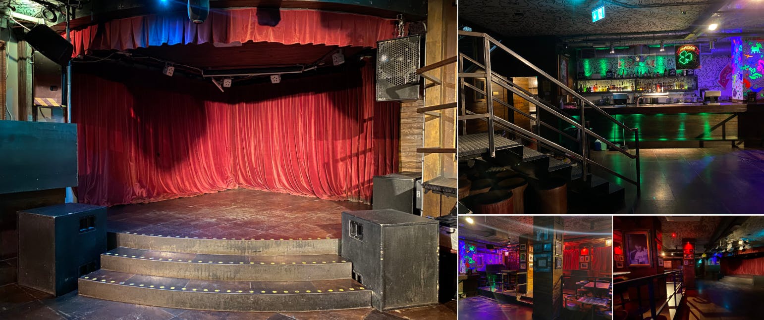 Versatile event space in Gigi's Hoxton with stage and tiered seating for performances.