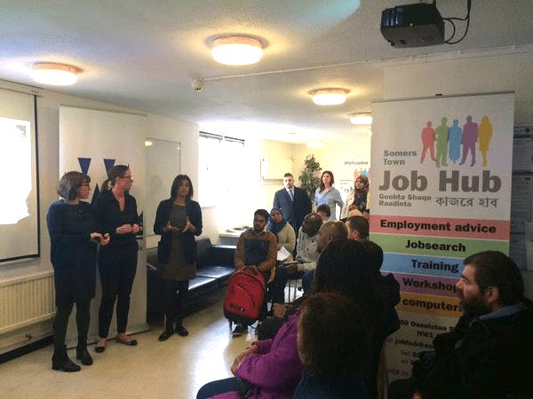 Job Hub meeting in Somers Town, showcasing employment strategies and community support.