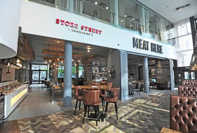 Ground Floor Terrace at DoubleTree Manchester, modern dining space for events and gatherings.