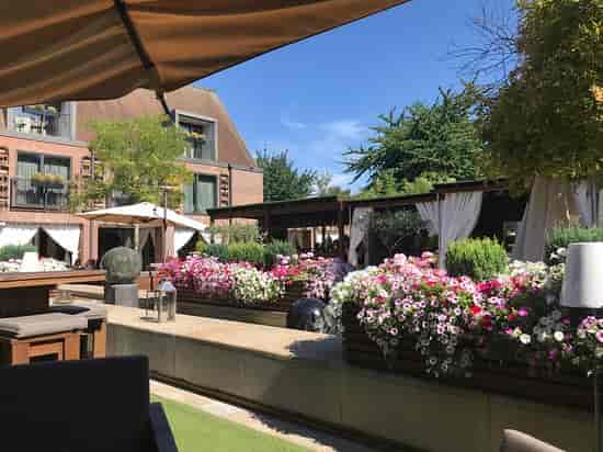 Outdoor bar at Hilton London Syon Park, vibrant flowers, ideal for receptions and networking.