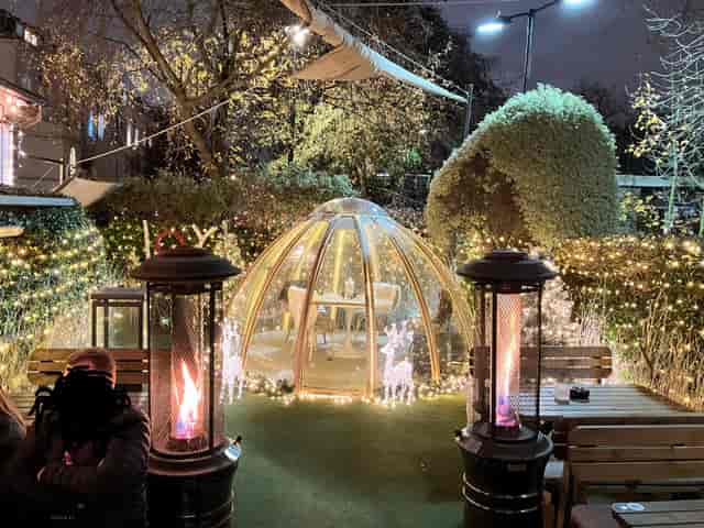 Outdoor event space with transparent dome, twinkling lights for winter celebrations.