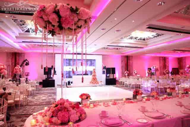 Luxury gala ballroom with LED lighting and floral centerpieces for weddings and corporate events.