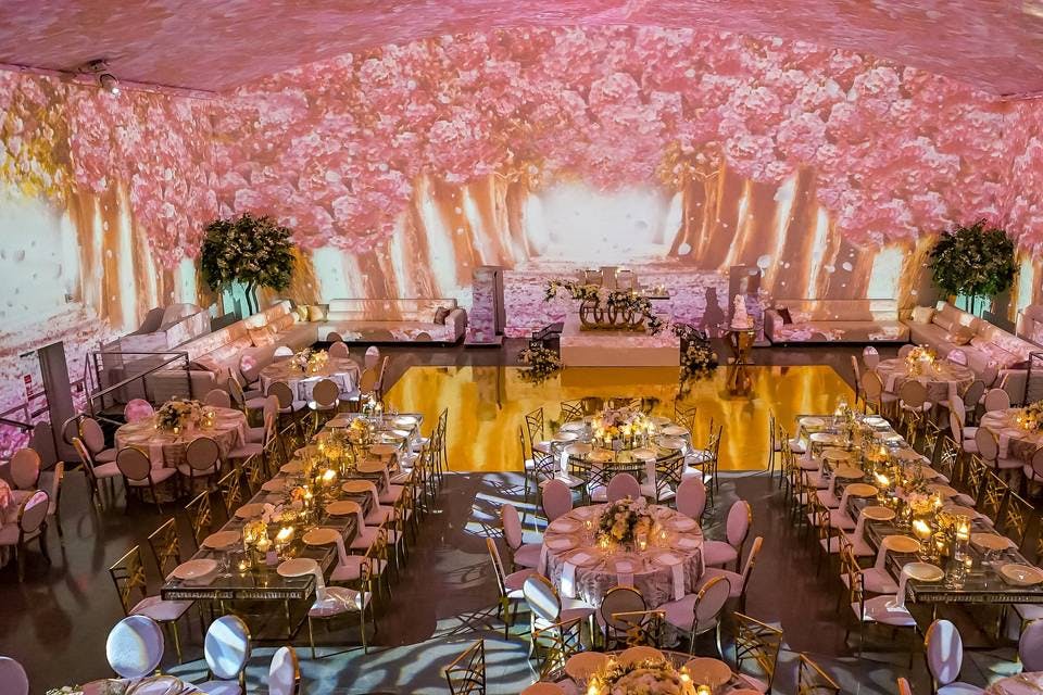 Elegant event space at The Temple House with floral decor, perfect for weddings.