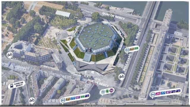 Accor Arena bird's-eye view, hexagonal design, ideal for meetings and events.