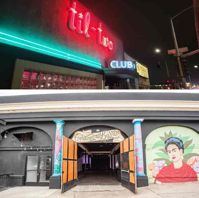 Vibrant Til-Two Club entrance with colorful murals for events and celebrations.